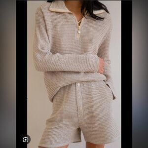 DONNI. waffle knit boxer shorts Pearl button fall classic revolve in stone grey